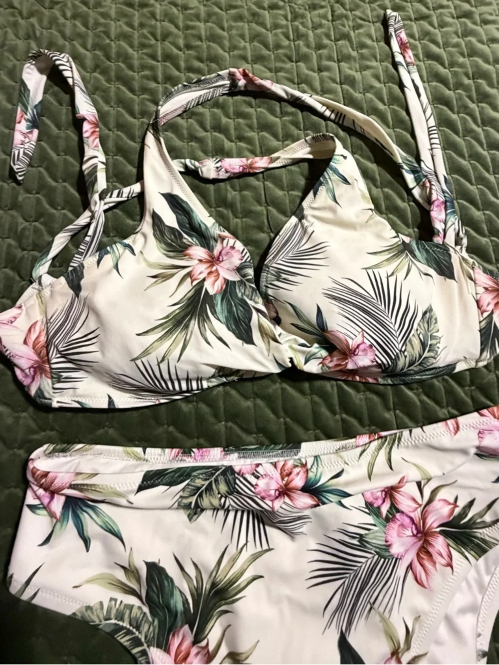 Shade & Shore floral high-waist bikini set white pink size 36D bottom size large